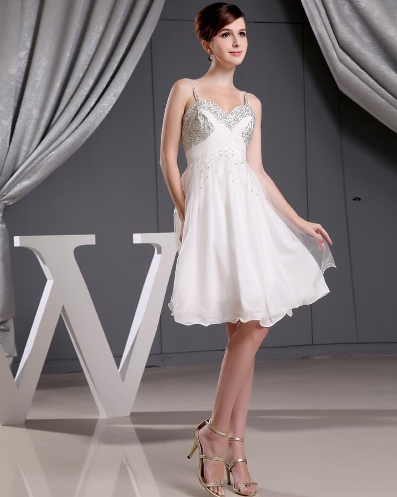 Stylish Chiffon Silk Silk Like Satin Spaghetti Straps Beading Sleeveless Zipper Knee Length Pleated