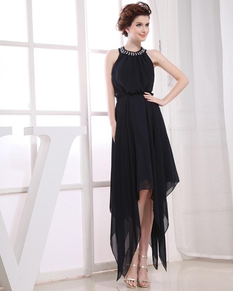 Chiffon Beading Halter Sleeveless Backless Zipper Asymmetrical Pleated Prom Cocktail Dress