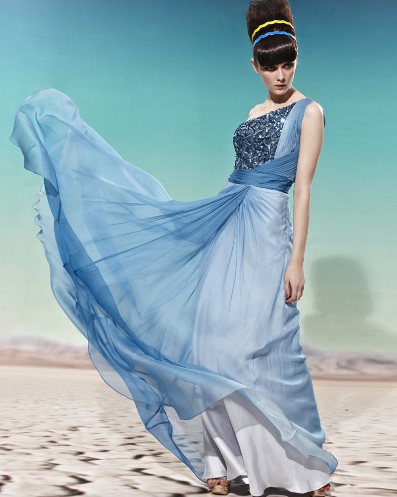 Sloping Neckline Sleeveless Floor Length Sequined Empire Tencel Woman Evening Dress