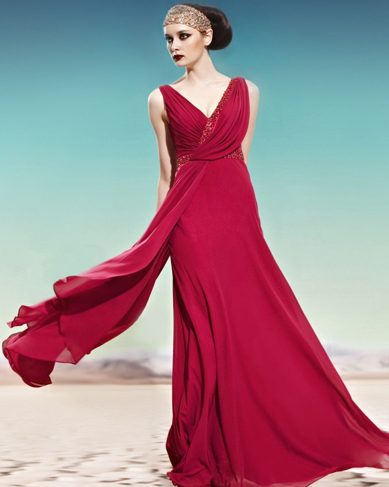 V Neck Beading Ruffle Side Zipper Sleeveless Backless Floor Length Empire Charmeuse Woman Evening Dr