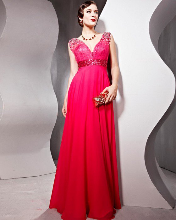Chiffon Sequin Tulle Charmeuse V Neck Beading Floor Length Evening Dresses
