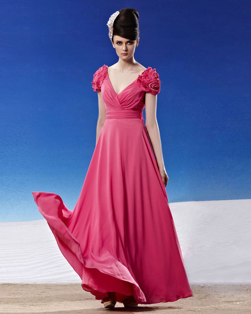 V Neck Flower Wrap Shoulder Ruffle Sleeveless Backless Floor Length Chiffon Woman Evening Dresses