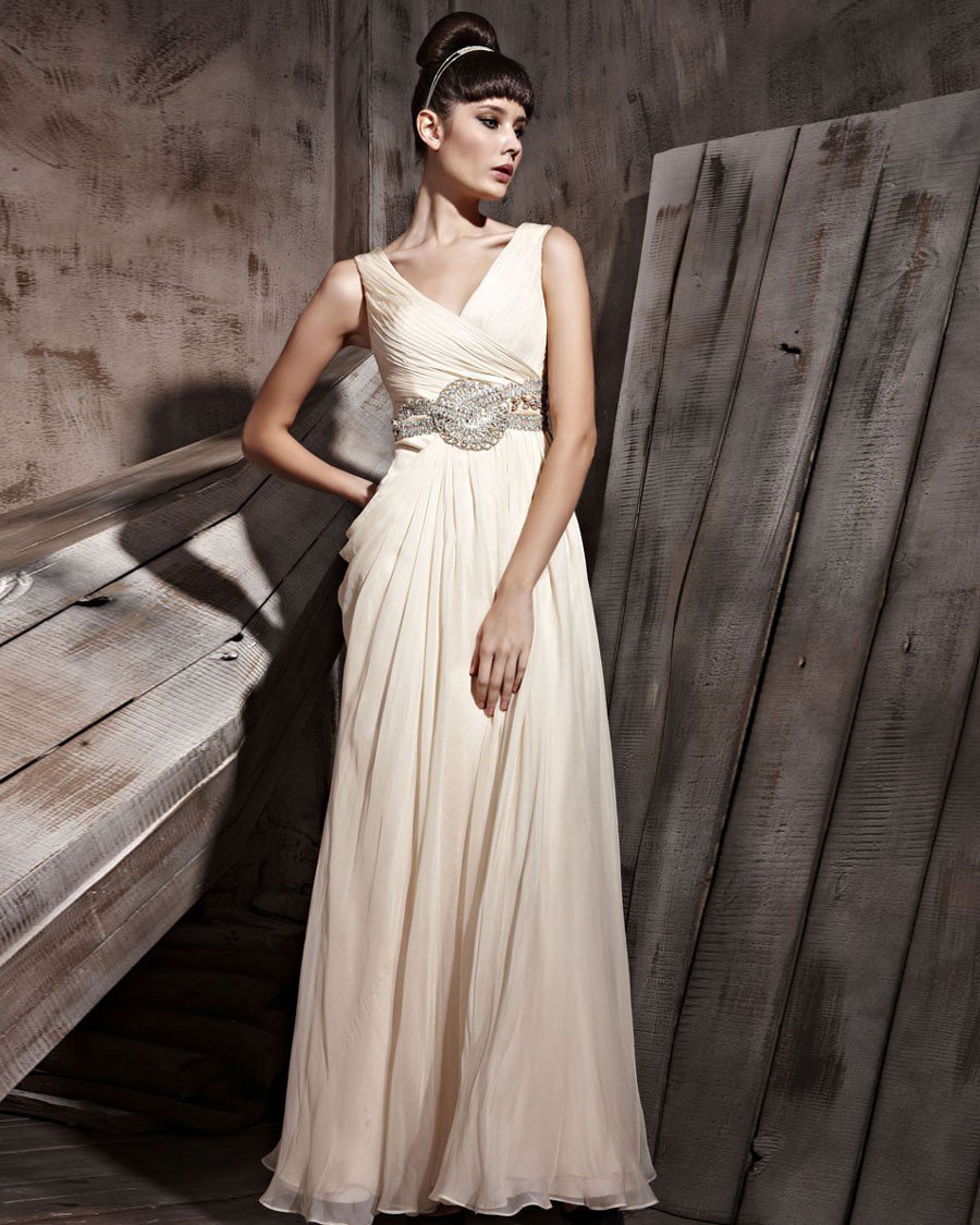 Retro Floor Length V-Neck Tencel Sleeveless Zipper Evening Dresses