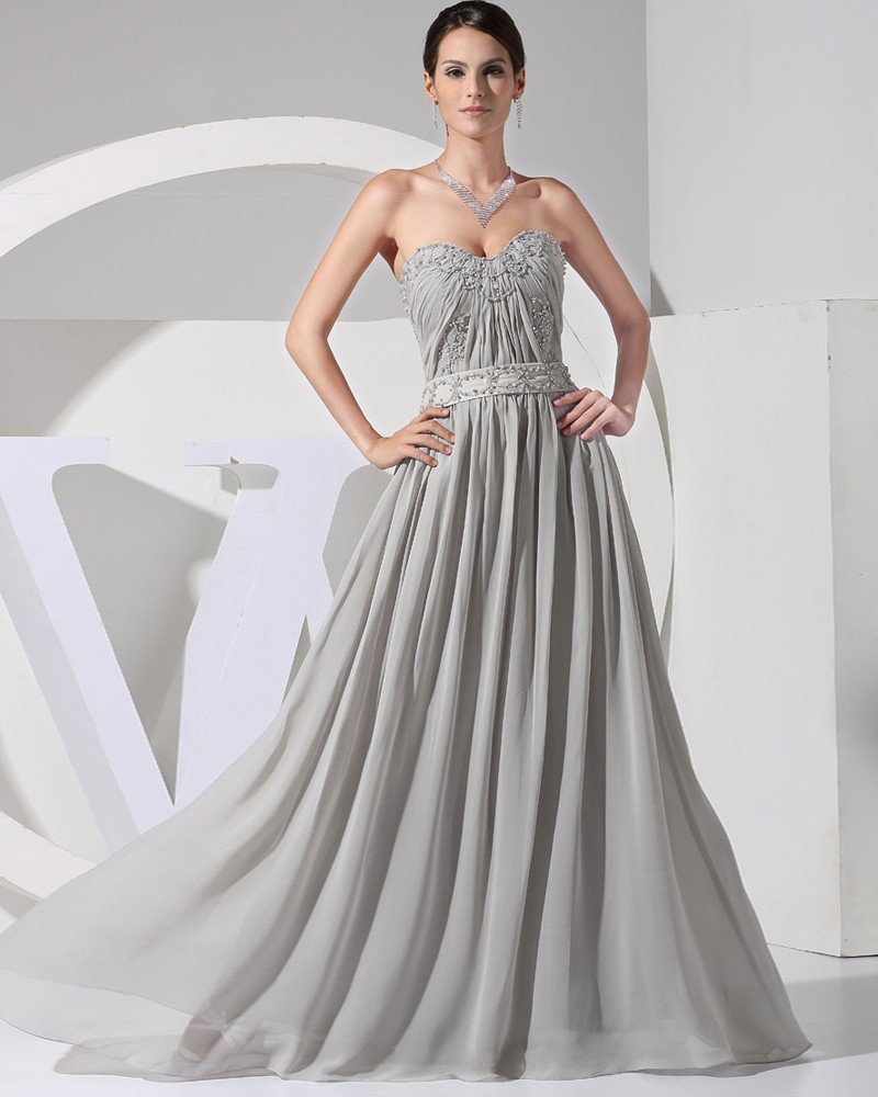 Fashion Chiffon Charmeuse Silk Ruffle Beaded Rhinestones Court Train Sweetheart Women Evening Dress