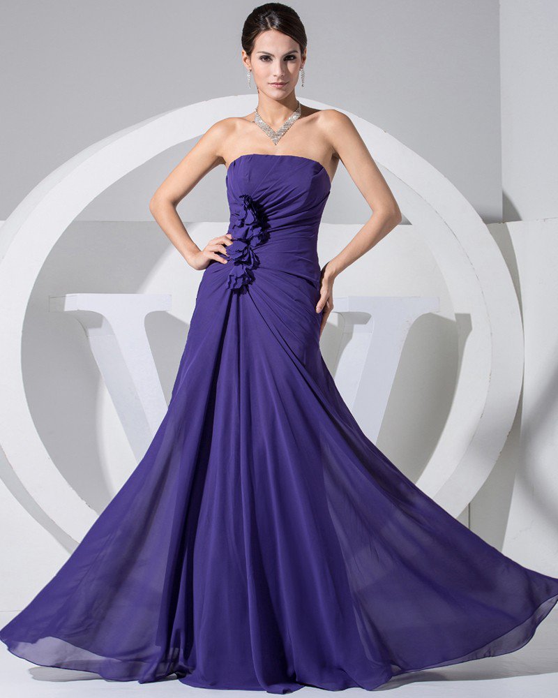 Chiffon Elastic Silk Like Satin Silk Strapless Sleeveless Zipper Ruffle Floor Length Evening Dress