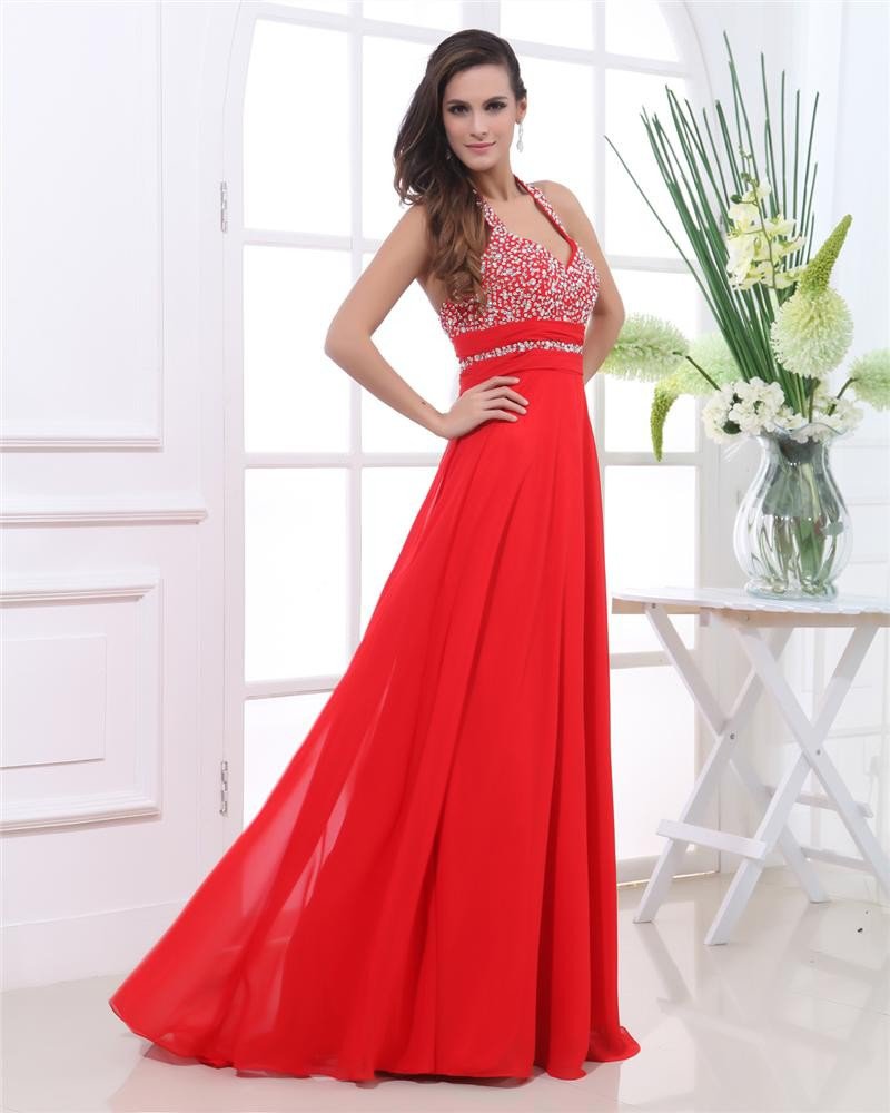 Chiffon Beaded Ruffles Halter Floor Length Evening Dresses