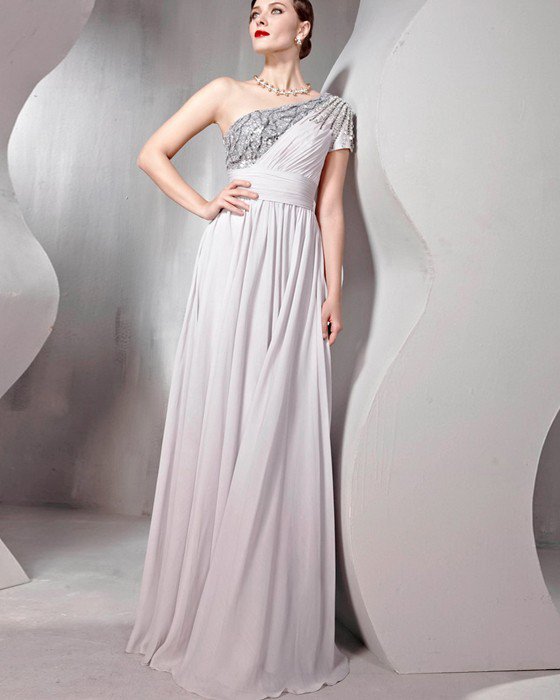Beaded Tulle Silk Charmeuse One Shoulder Floor Length Evening Dresses