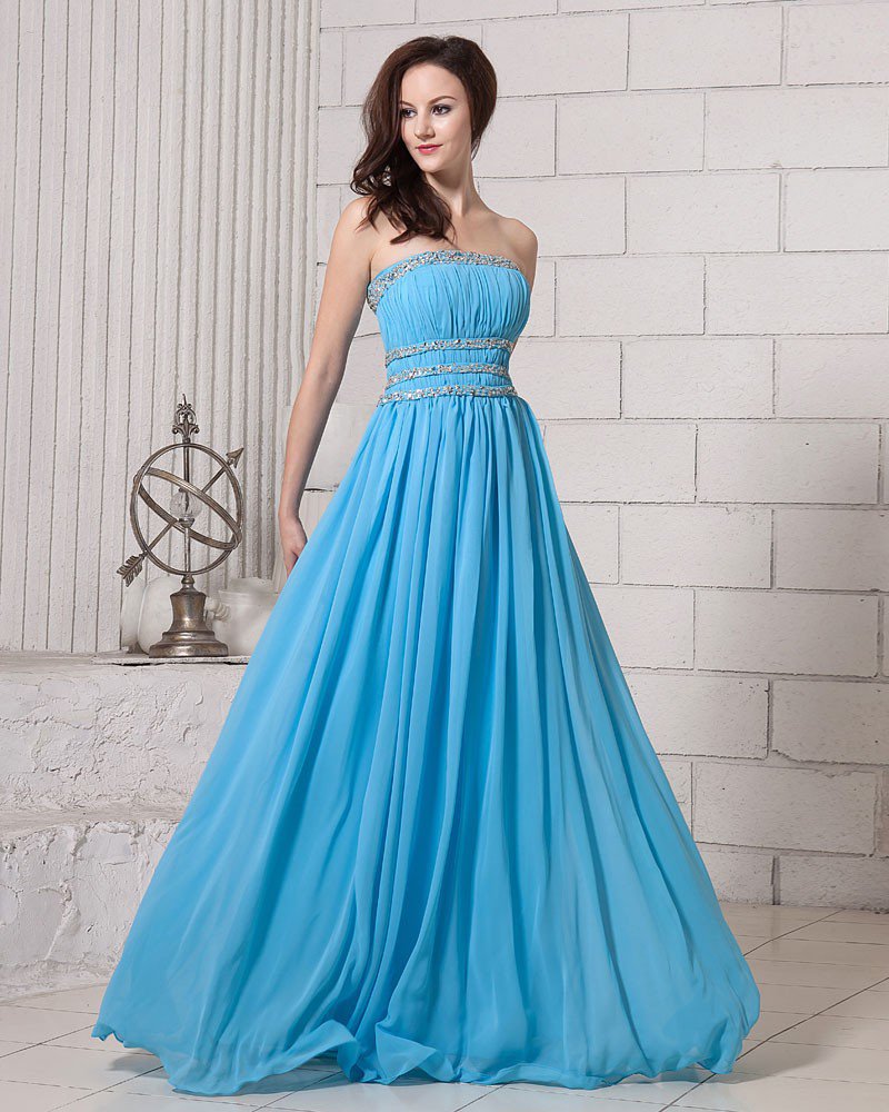 Elegant Solid Ruffle Beading Strapless Chiffon Women Evening Dresses