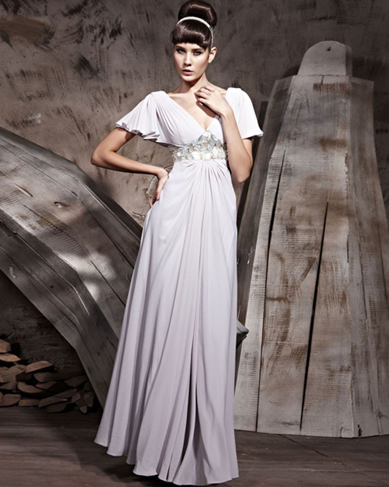 V-Neck Butterfly Sleeve Floor Length Chemical Fiber Chiffon Evening Dresses