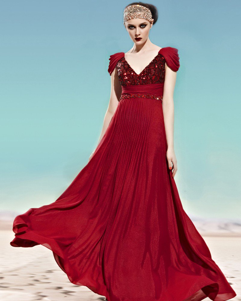 V Neck Sequin Ruffle Cowl Sleeve Zipper Empire Floor Length Chiffon Woman Evening Dress
