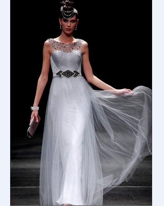 Empire Off-The-Shoulder Sleeveless Floor Length Bead Chiffon Satin evening Dresses