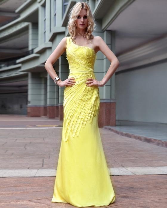 One Shoulder Satin Pleated Floor Length Evening Dresses