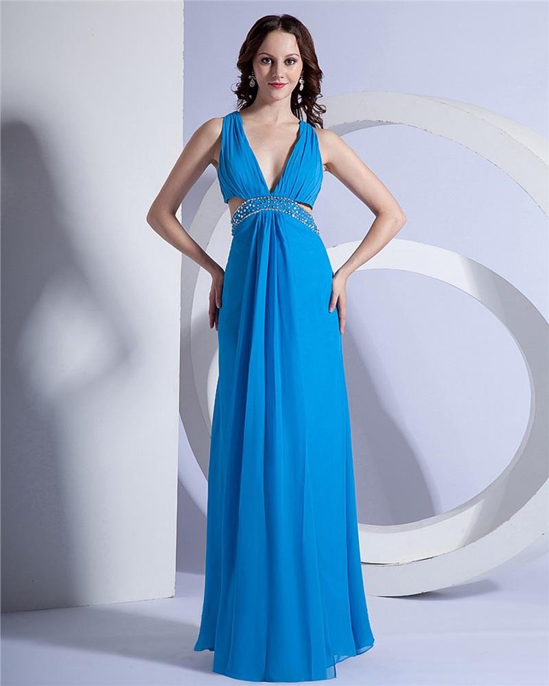 Chiffon Beading V Neck Ankle Length Evening Dresses