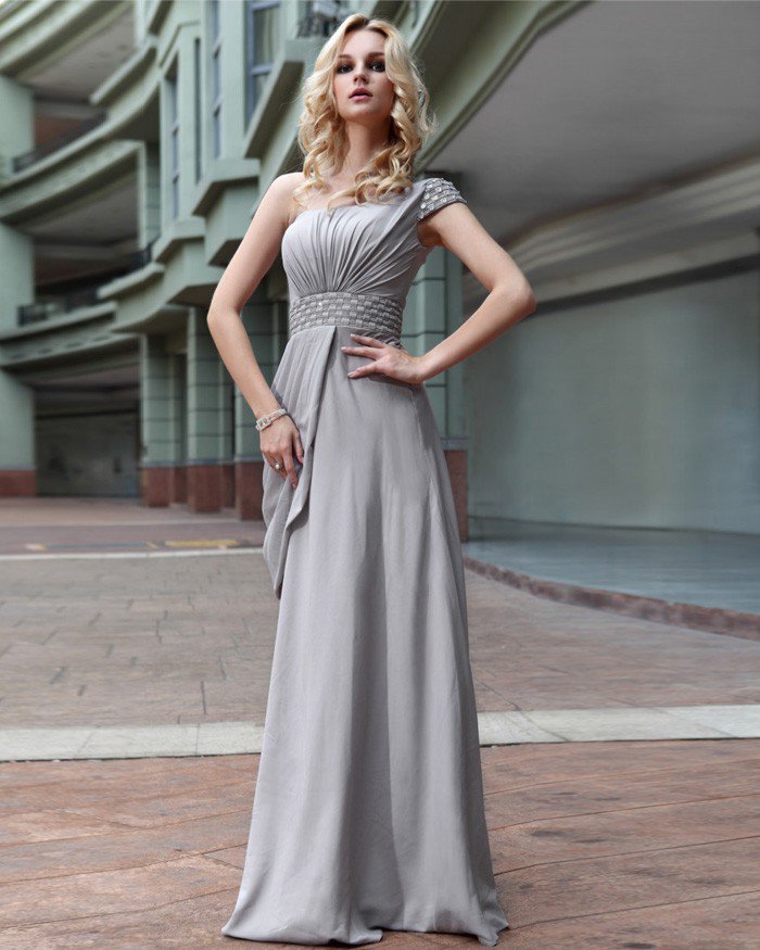 Villus One Shoulder Drape Bead Floor Length Evening Dress