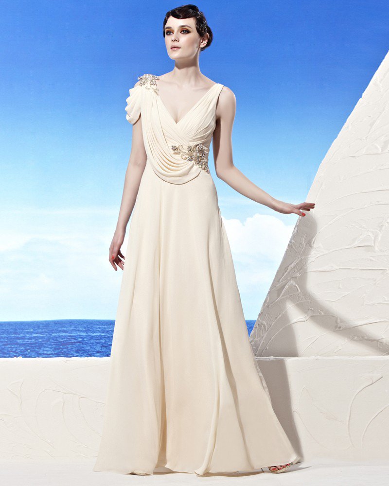 V Neckline Floor Length Petal Sleeve Flower Beading Chiffon Empire Woman Evening Dress