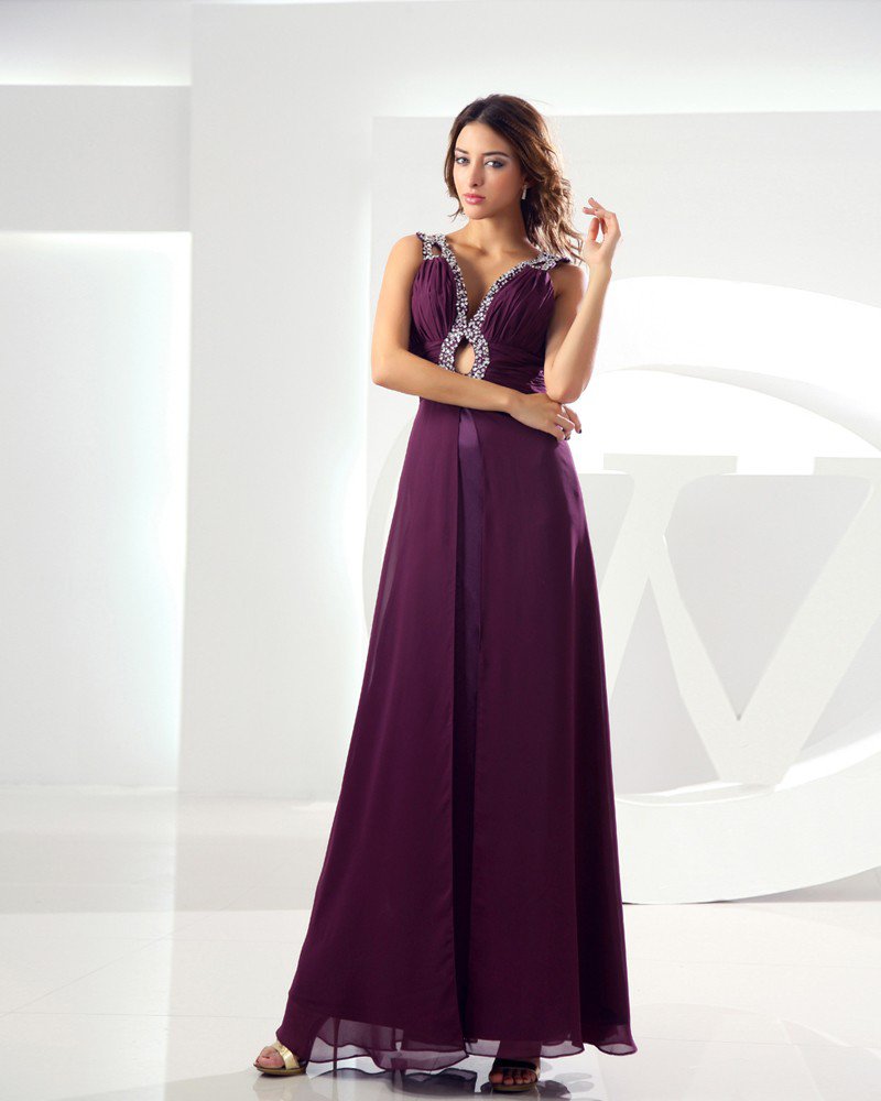 Sweetheart Sleeveless Zipper Beading Floor Length Chiffon Silk Woman Evening Dress