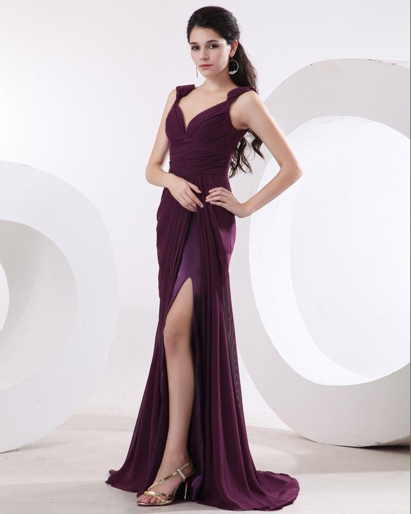 Chiffon Pleat V-Collar Sleeveless Evening Dresses