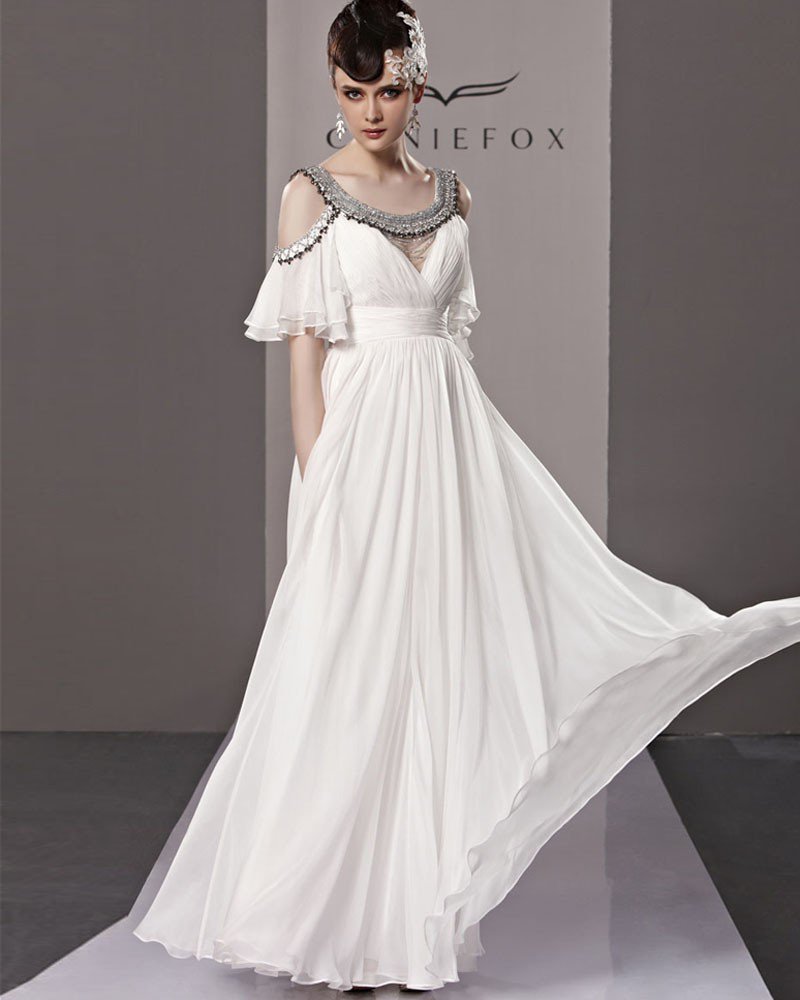 Round Neck Off Shoulder Layered Short Sleeve Zipper Floor Length Empire Tencel Woman Evening Dress