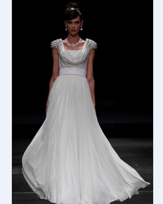 Empire Scoop Floor Length Bead Satin Composite Filament Evening Dresses