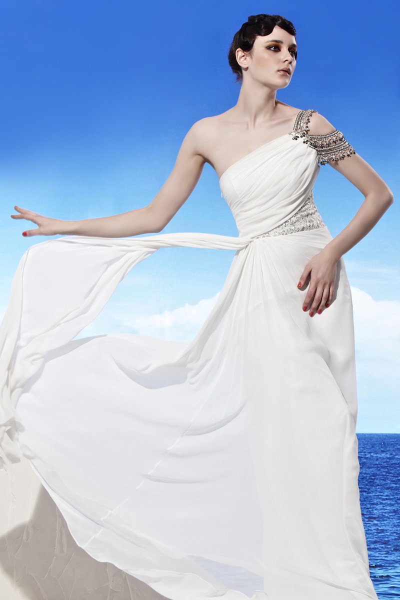 Strapless One Shoulder Beading Sleeveless Backless Floor Length Chiffon Woman Evening Dresses