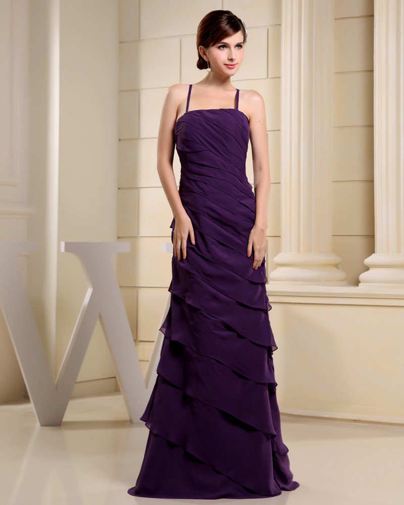 Fashion Chiffon Charmeuse Silk Pleated Spaghetti Straps Floor Length Sleeveless Women Evening Dress
