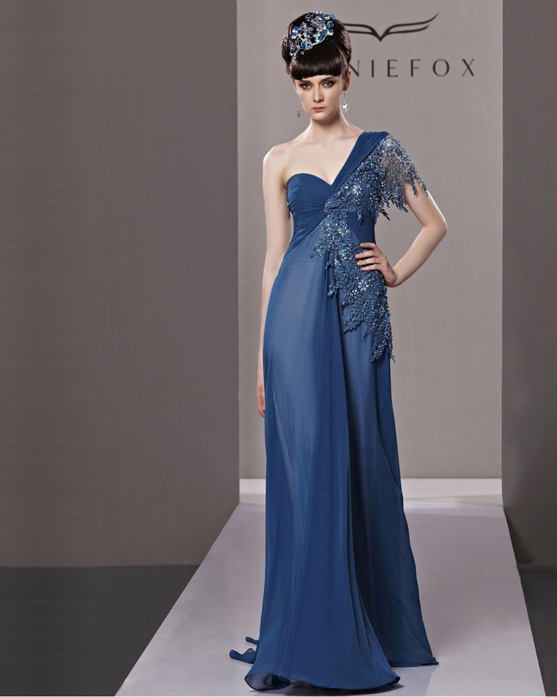 One Shoulder Floor Length Beading Lacework Chiffon Women Evening Dress