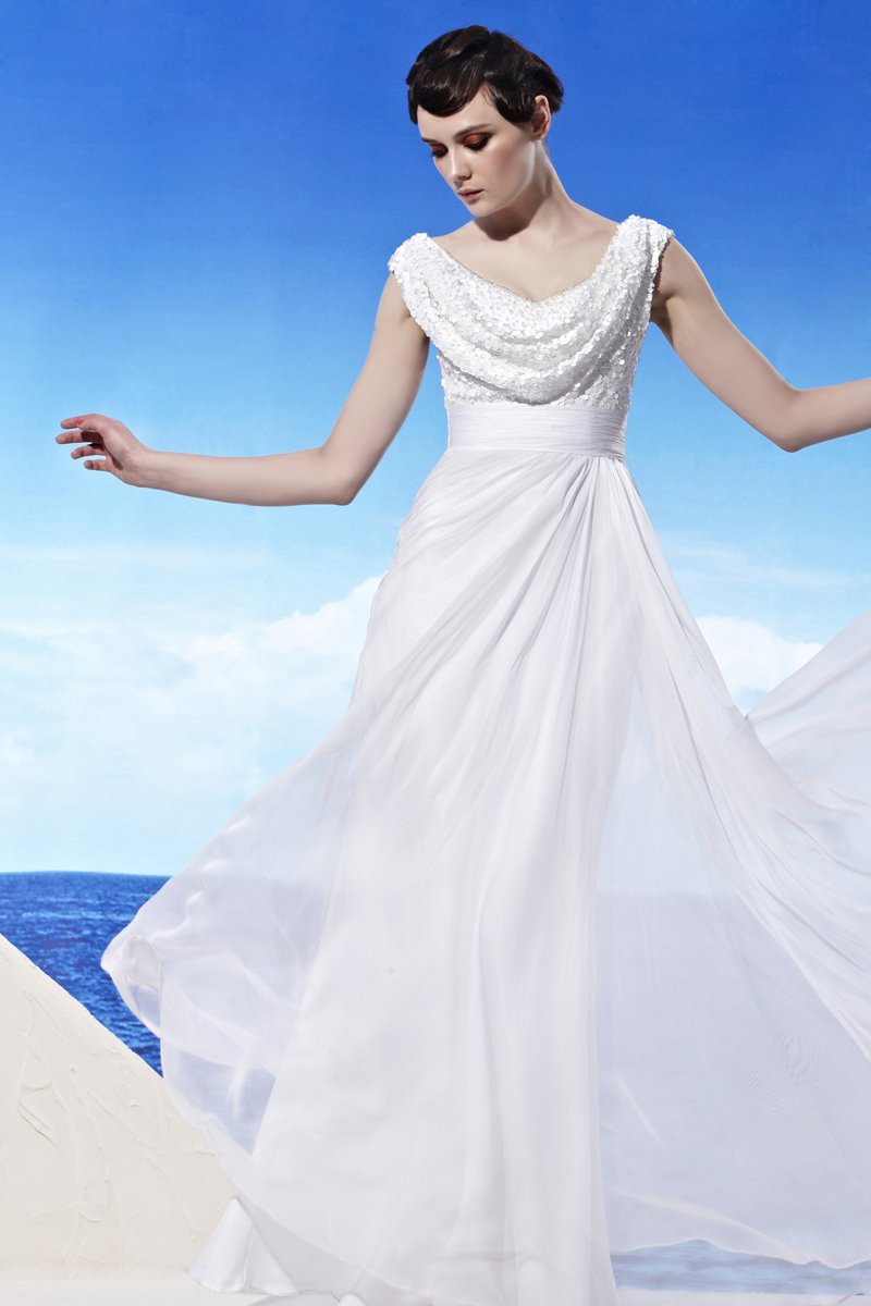 U Pattern Neck Beading Ruffle Sleeveless Backless Floor Length Chiffon Woman Evening Dresses