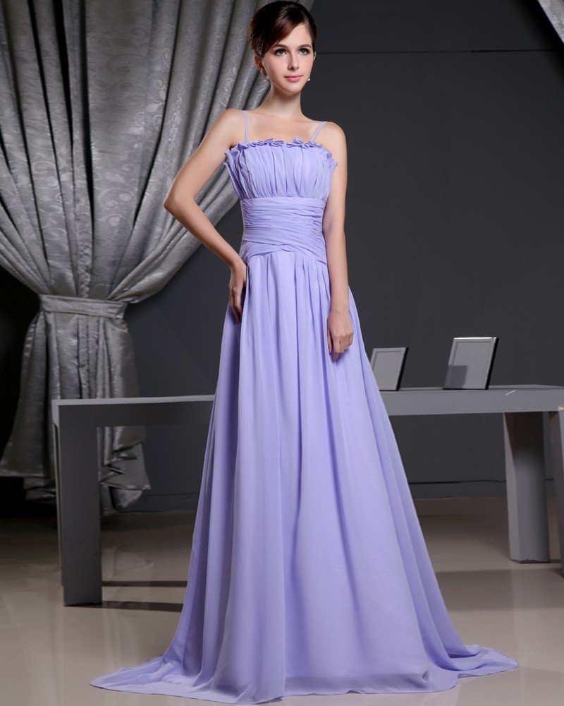 Fashion Chiffon Satin Silk Solid Pleated Spaghetti Straps Court Train Sleeveless Women Evening Dress