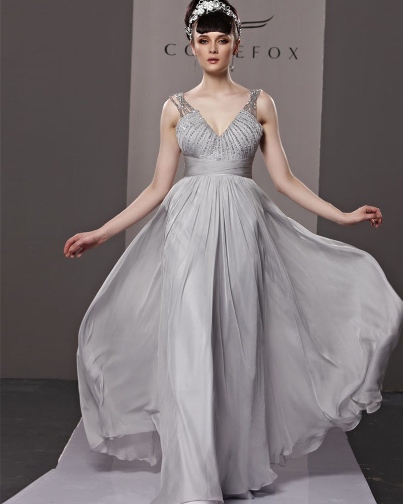 V Neck Beading Baldric Sleeveless Zipper Floor Length Charmeuse Woman Evening Dress