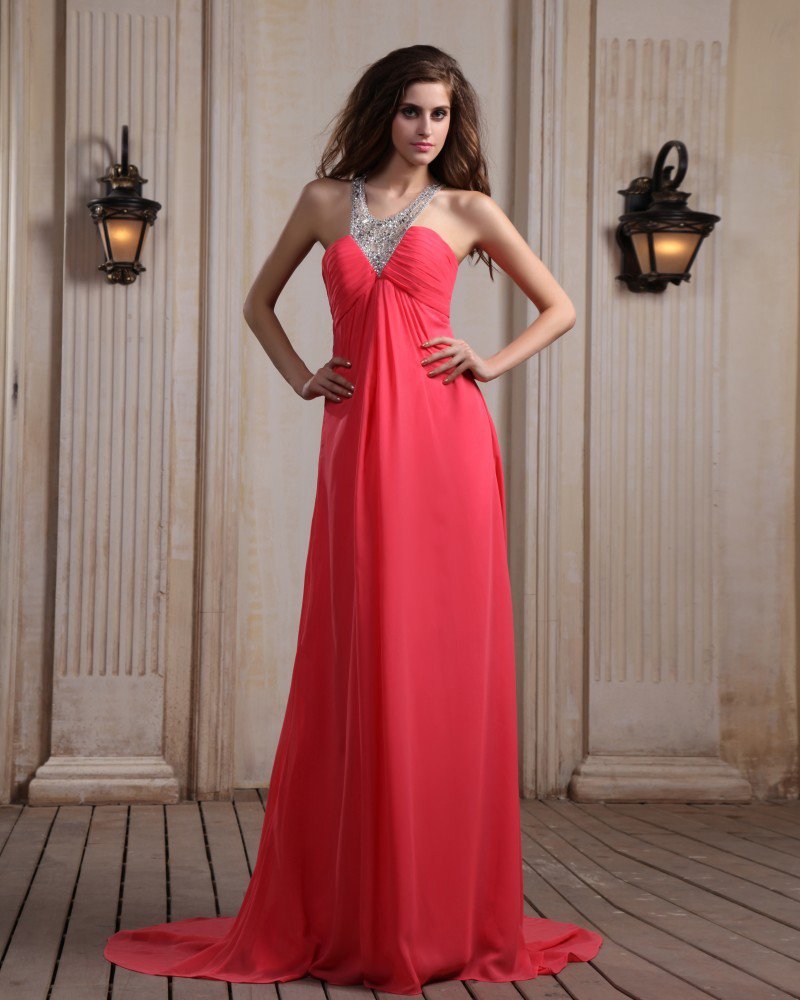 Sleeveless Chiffon Beading Halter Chapel Train Evening Dresses