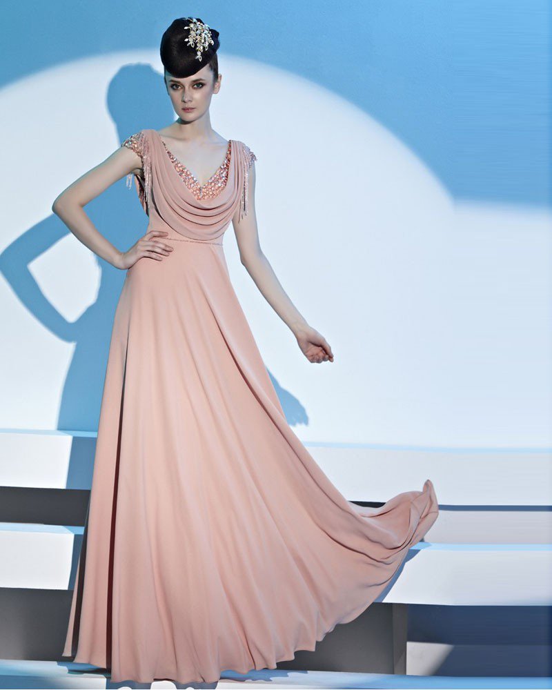 Capped Sleeve V Neckline Floor Length Beading Tassels Chiffon Women Evening Dress
