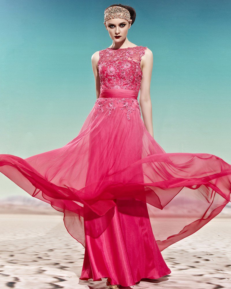 Scoop Neck Embroidery Beading Sleeveless Empire Floor Length Charmeuse Woman Evening Dress