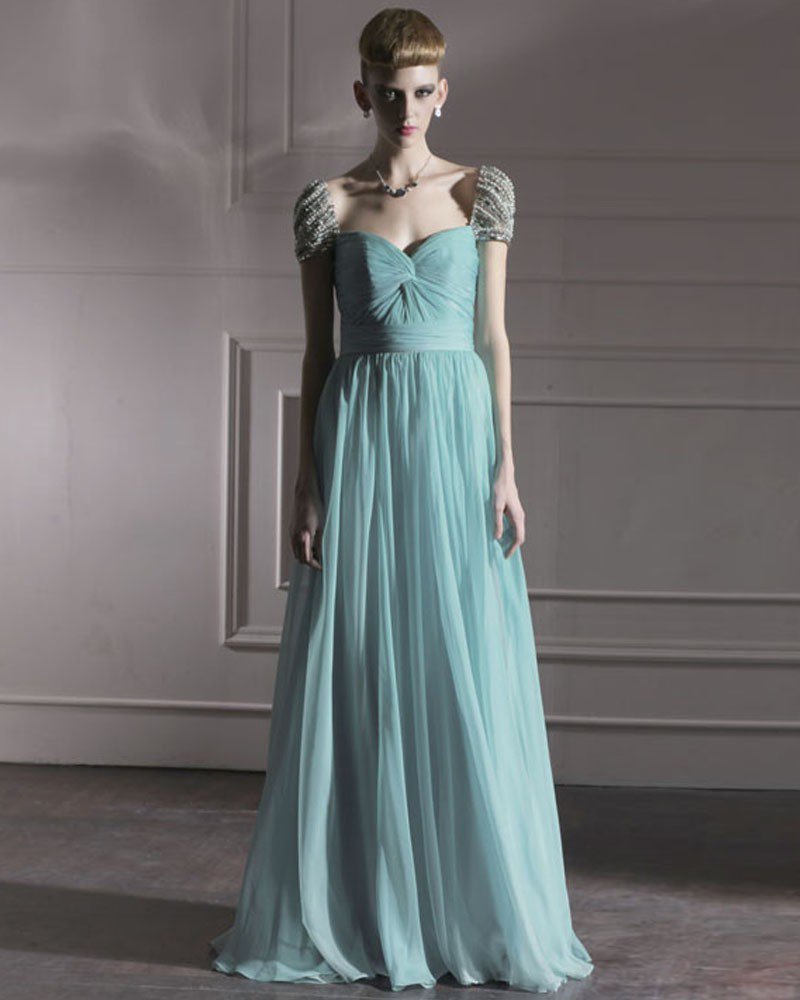 Silk Tulle Charmeuse Portrait Bead Floor Length Evening Dress