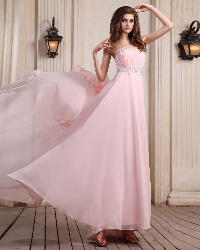 Sleeveless Chiffon Beading Ruffles Strapless Floor Length Evening Dresses