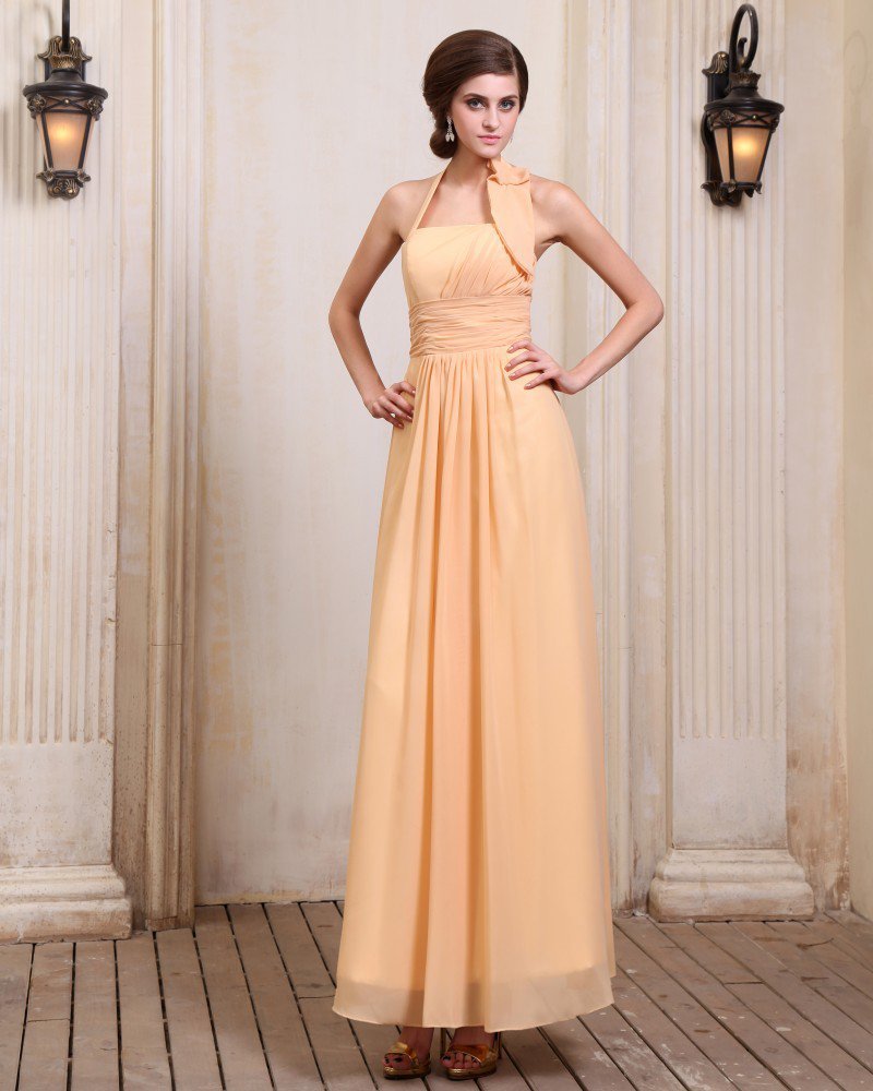 New Designer Sleeveless Chiffon Ruffles Halter Floor Length Evening Dresses