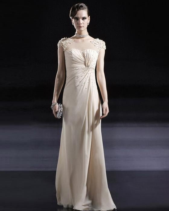 Chiffon Charmeuse Tulle Jewel Beading Round Neck Floor Length Evening Dress