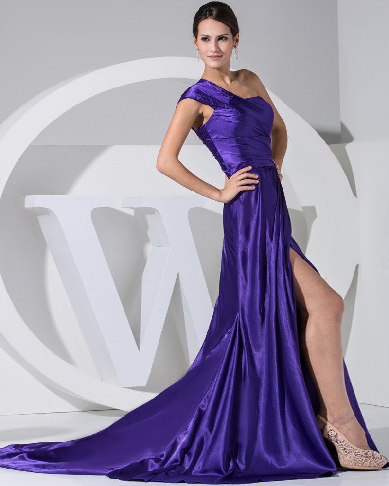 Fashion Satin Silk Pleated Court Train One Shoulder Women Evening Dress