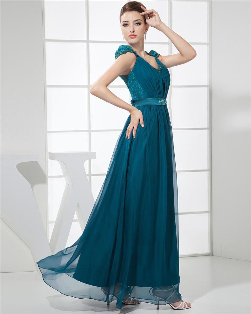 Fashion Chiffon Charmeuse Silk Lace Pleated V Neck Sleeveless Floor Length Women Evening Dress