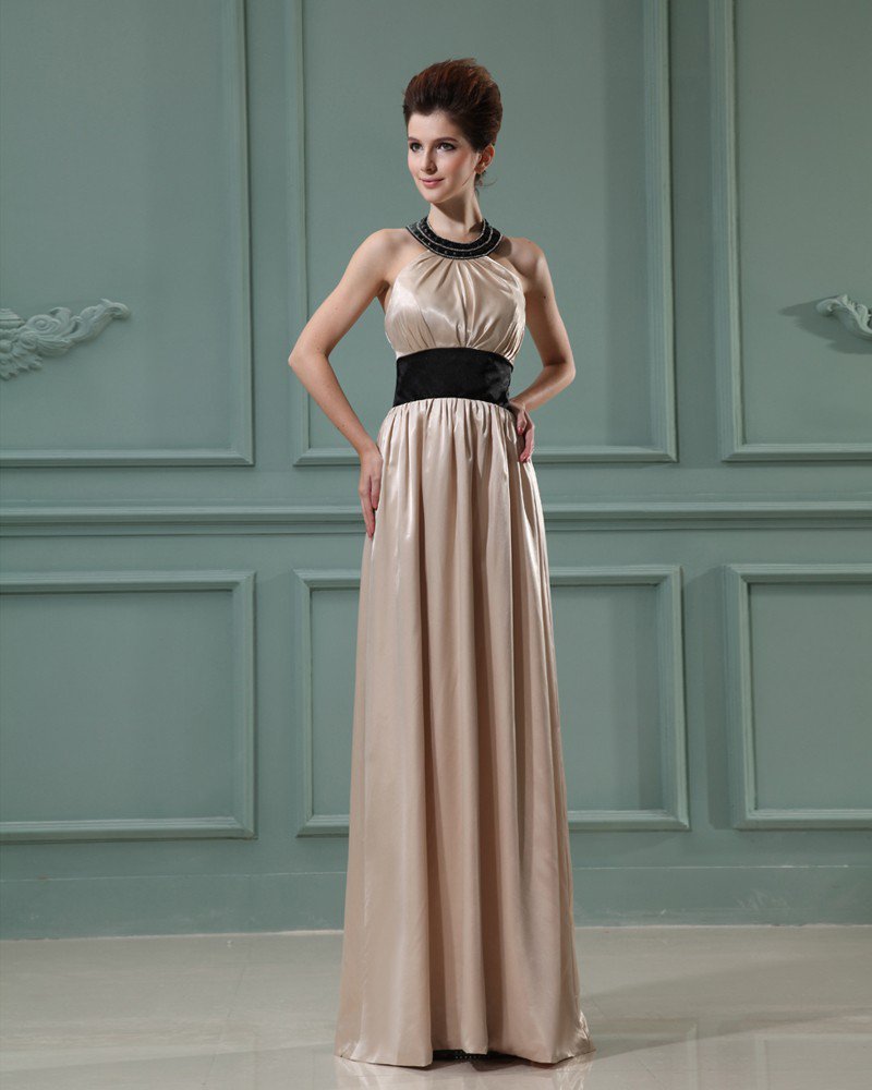 Floor Length Beading Halter Neckline Pleated Charmeuse Empire Woman Evening Dress