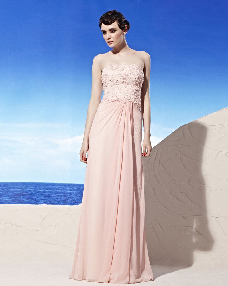 Strapless Applique Beading Sleeveless Backless Floor Length Tencel Woman Evening Dresses