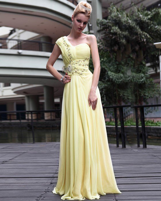 Silk Beading One Shoulder Floor Length Evening Dresses