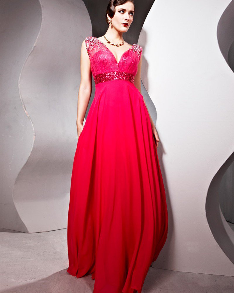 V Neck Sleeveless Backless Floor Length Chiffon Woman Evening Dresses