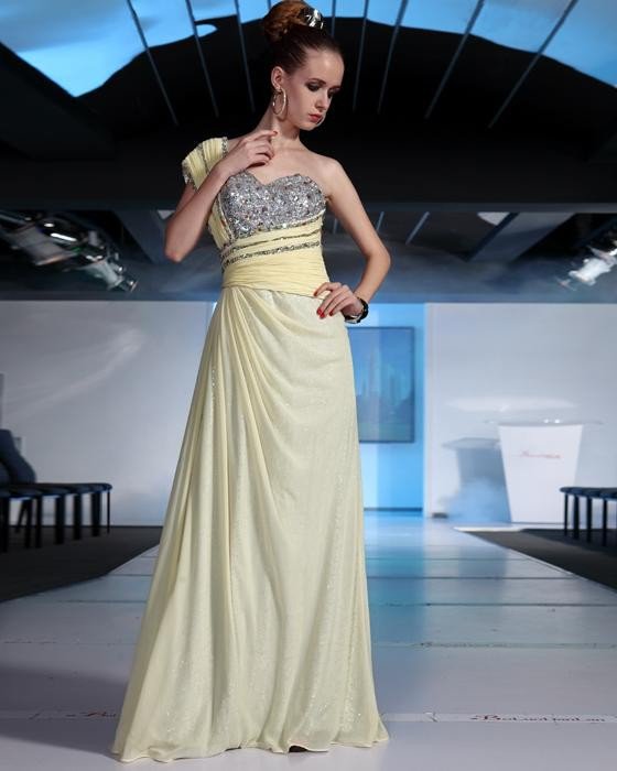 Stylish Ruffle Beaded Chiffon One Shoulder Floor Length Evening Dresses