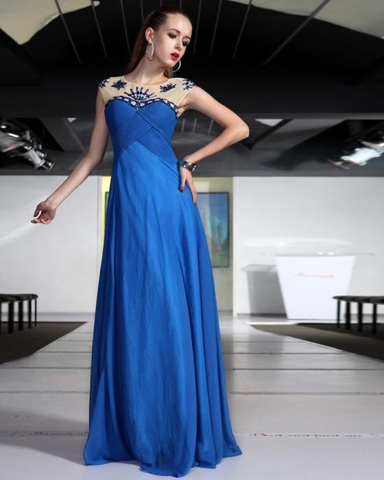 Round Neck Ruffle Beaded Chiffon Floor Length Evening Dresses