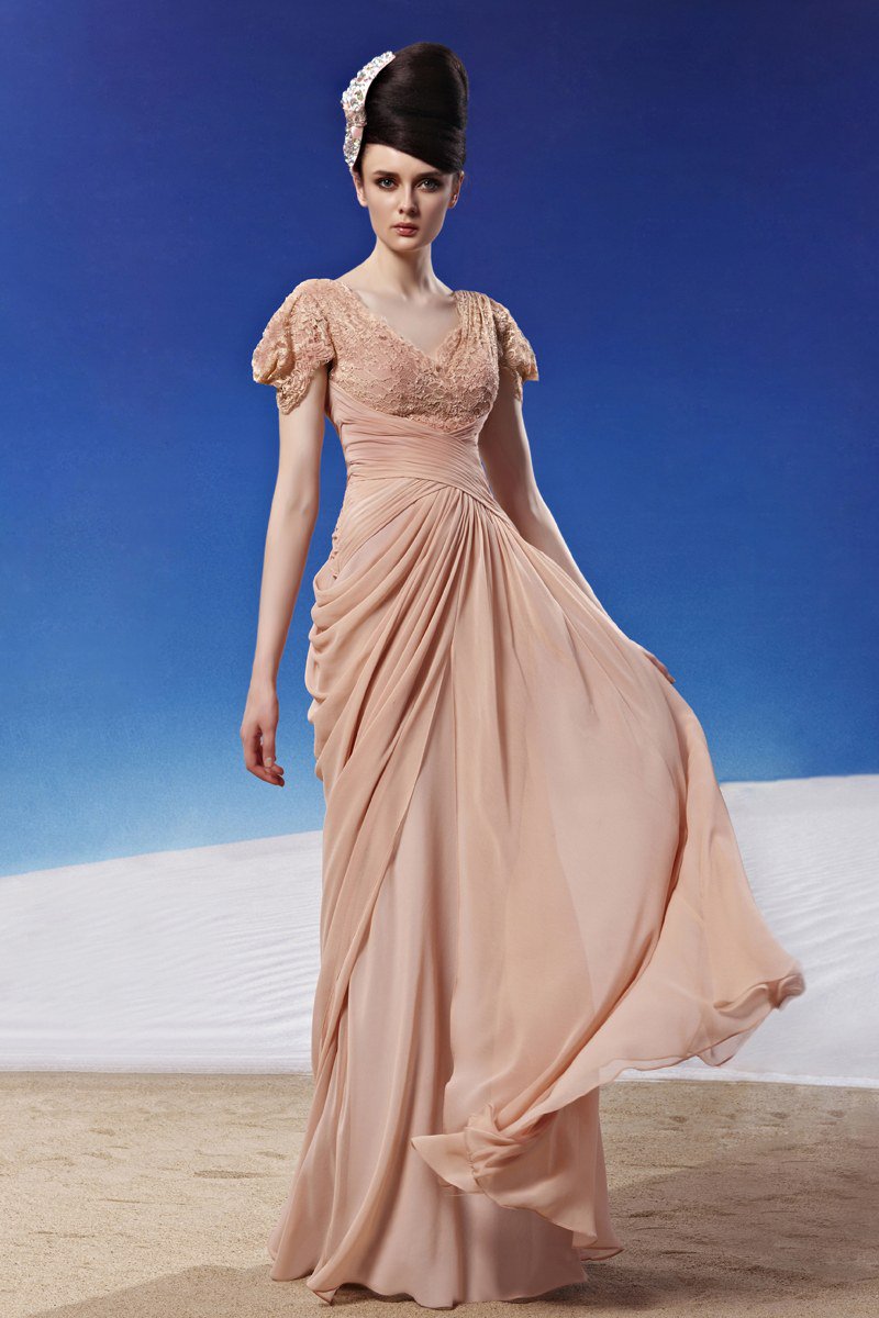 V Neck Beading Flower Floor Length Chiffon Woman Evening Dress