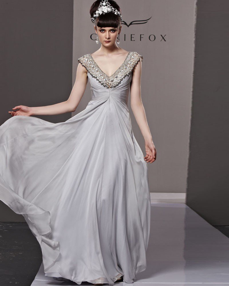 V Neck Beading Sleeveless Backless Floor Length Charmeuse Woman Evening Dress