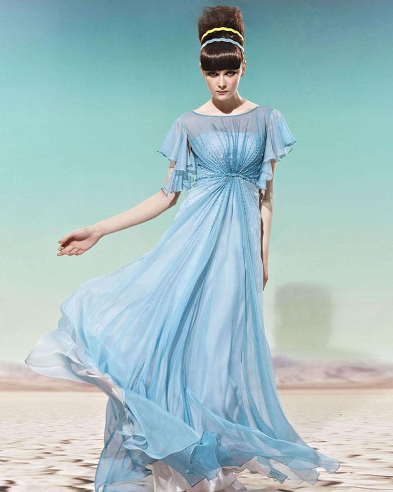 Ruffles Sleeve Round Neck Floor Length Beading Empire Tencel Woman Evening Dress