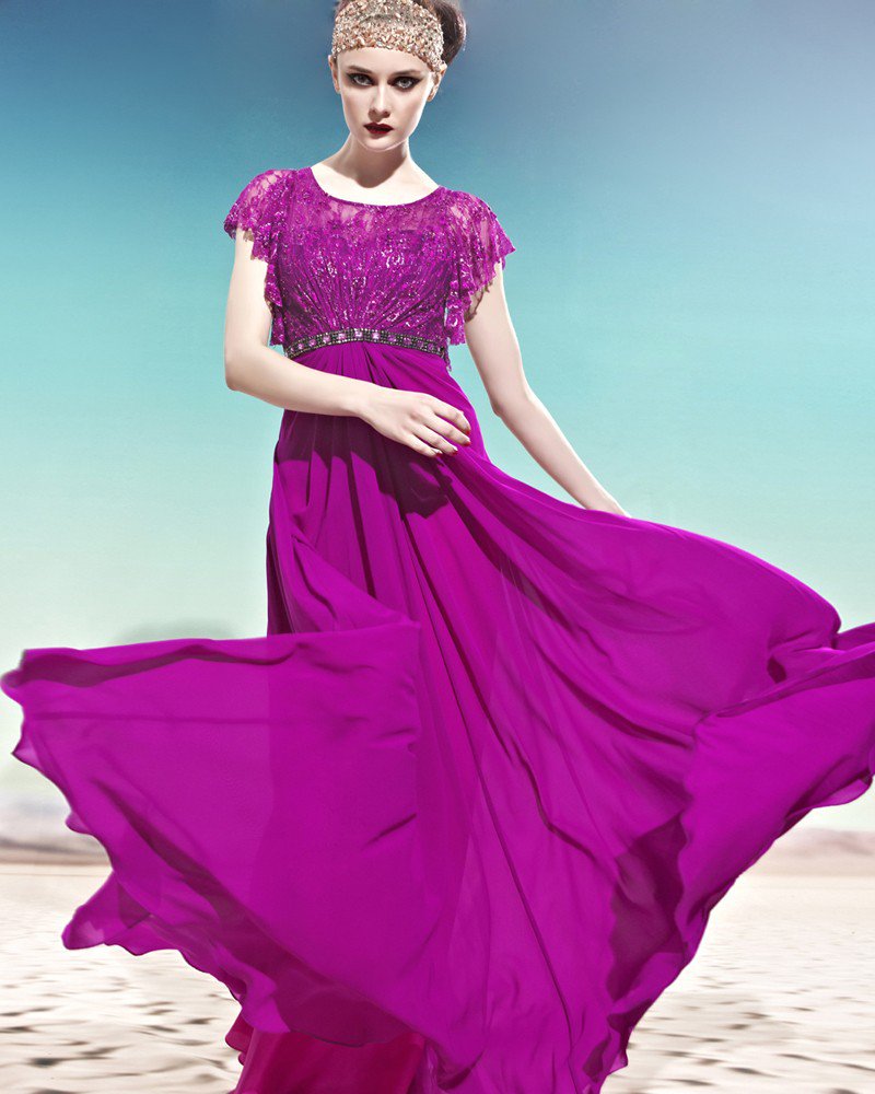 Round Neck Beading Ruffle Short Sleeve Button Floor Length Tencel Woman Evening Dresses