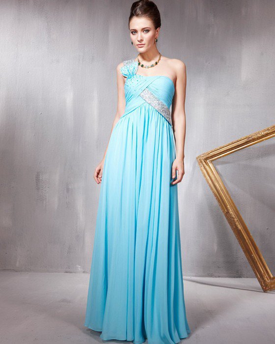 Beaded Ruffle Chiffon Charmeuse Tulle One Shoulder Floor Length Evening Dresses