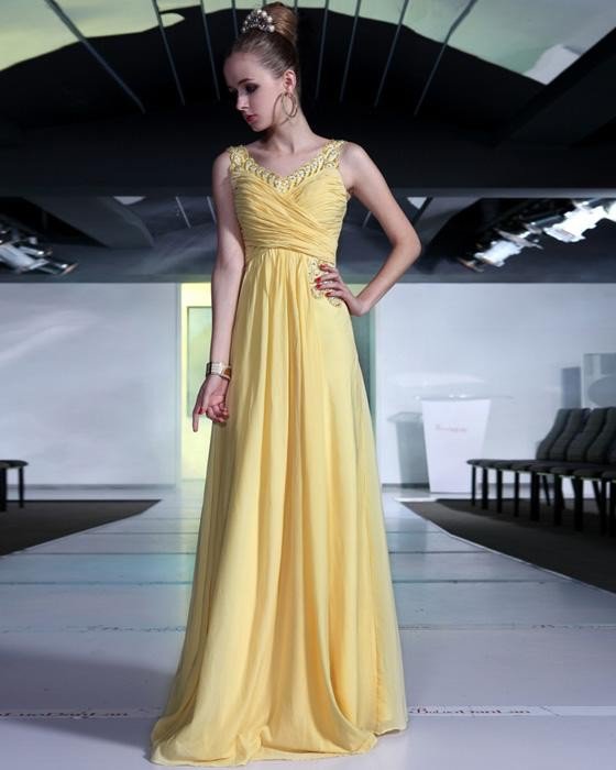 Sexy Beaded Ruffle Chiffon V Neck Floor Length Evening Dresses